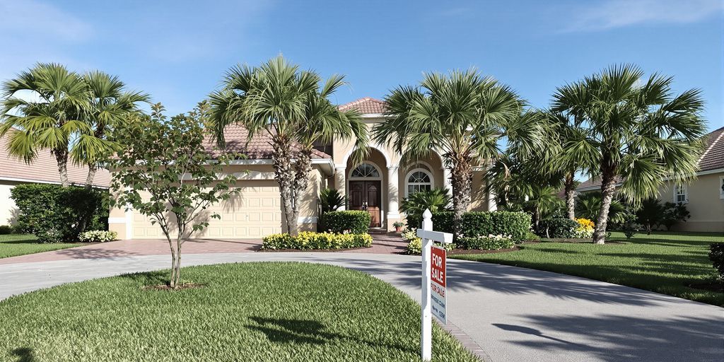 Florida home with for sale sign and palm trees