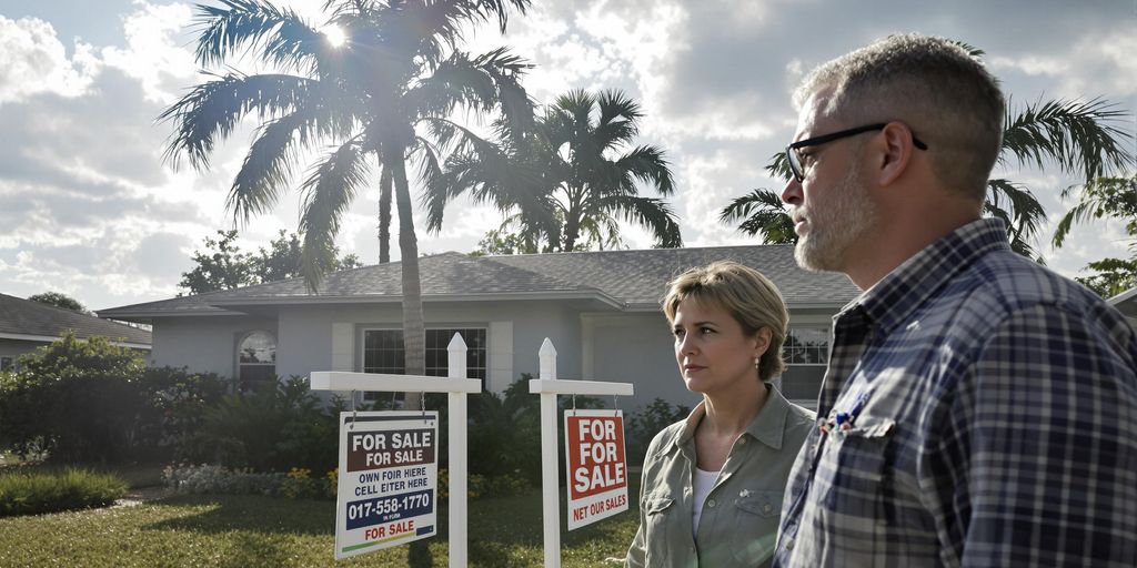 Worried couple outside Florida home with for sale sign.