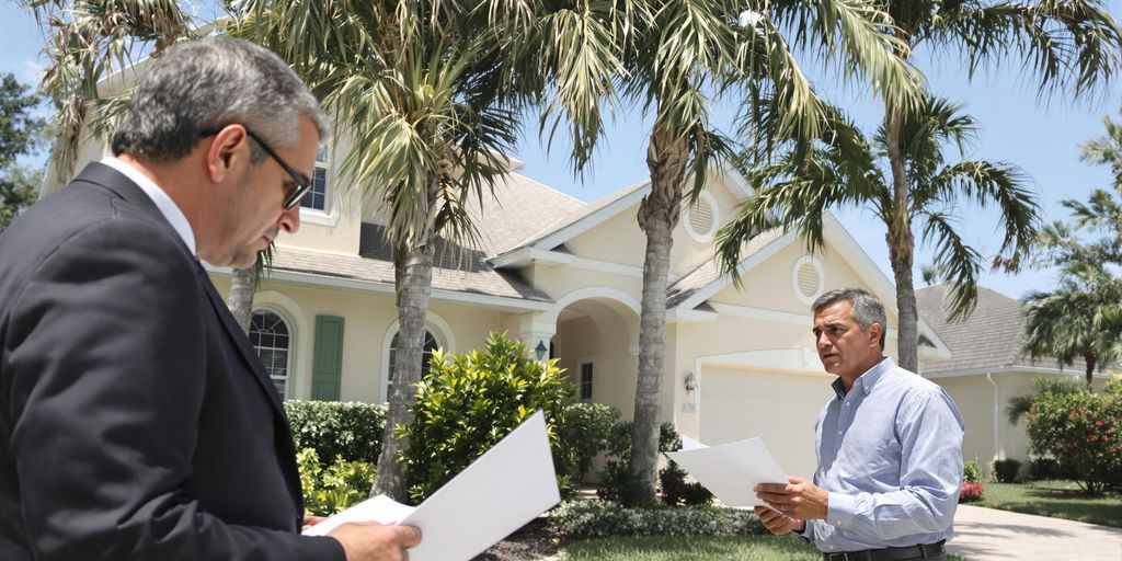 Concerned homeowner with lawyer outside Florida house