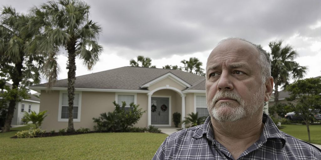 Concerned Florida homeowner outside suburban house with palm trees.